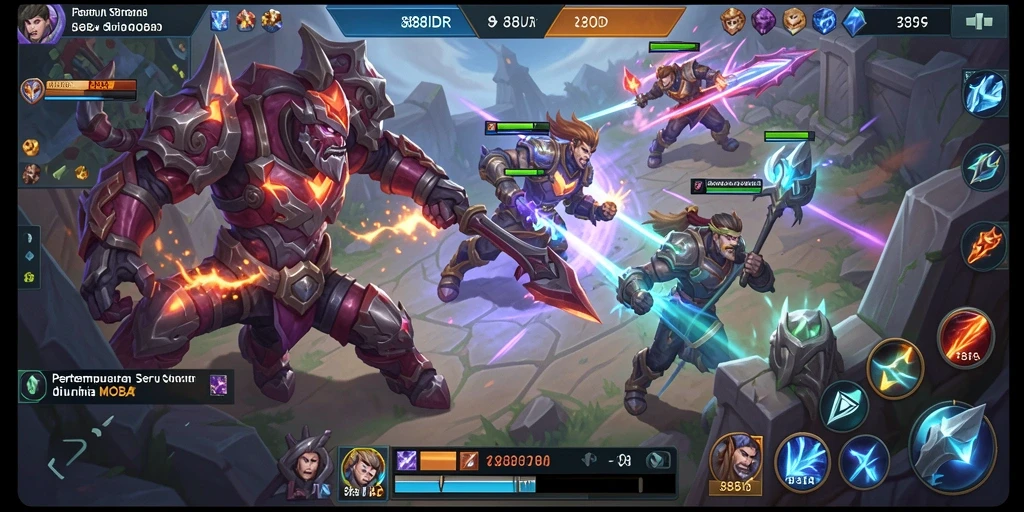 Screenshot utama gameplay 888IDR menampilkan aksi pertempuran seru antara hero.